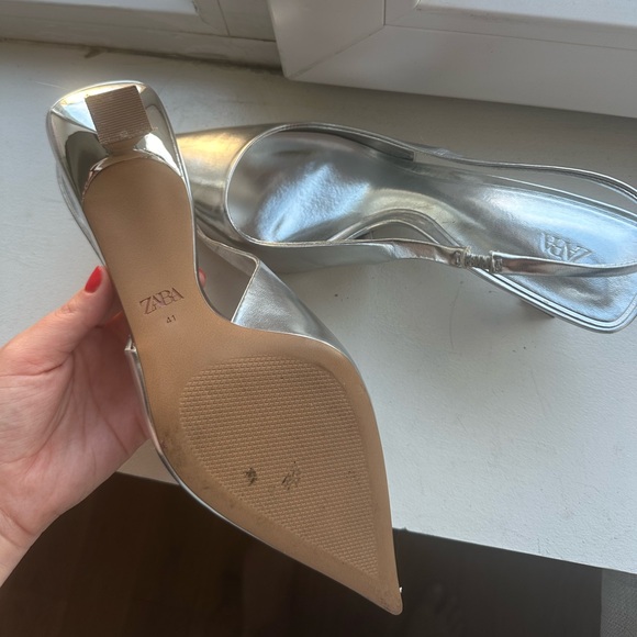 Zara Metallic Silver Pointy Slingbacks - Picture 2 of 6